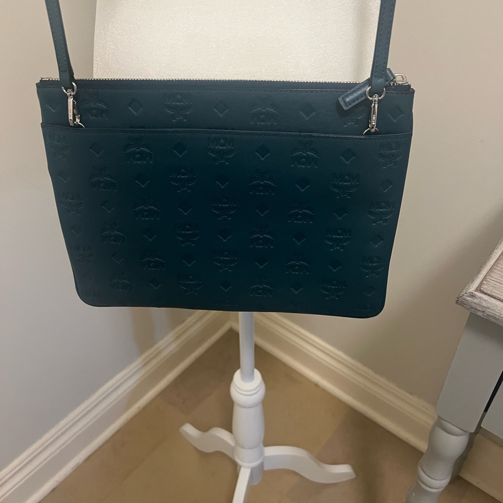 MCM Teal Embossed Leather Messenger Bag - Picture 3 of 6
